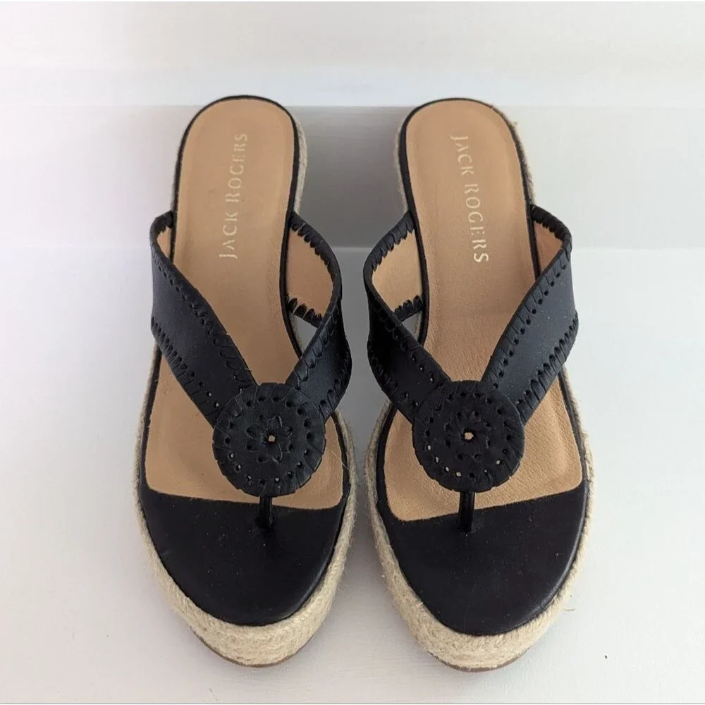 Jack Rogers Rowan Platform Espadrille Thong Sandals Black Size 9.5